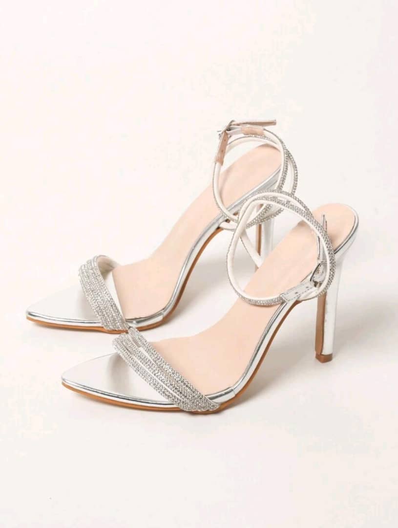 Women Metallic Rhinestone Decor Stiletto Heeled Ankle Strap Sandals, Glamorous Banquet Heeled Sandals