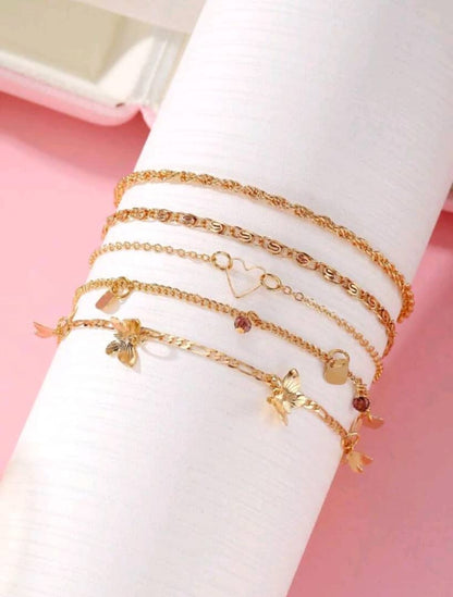 5pcs European And American Summer Fashion Metal Butterfly Spiral Chain Purple Beaded Pendant Anklet, Women's Versatile Gold Color Foot Jewelry Set, Suitable For Wearing At The Beach During Vacation