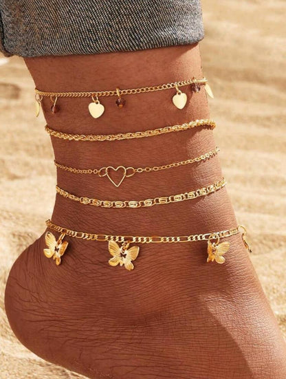 5pcs European And American Summer Fashion Metal Butterfly Spiral Chain Purple Beaded Pendant Anklet, Women's Versatile Gold Color Foot Jewelry Set, Suitable For Wearing At The Beach During Vacation