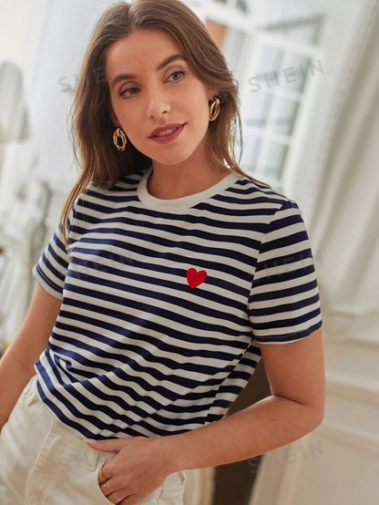 Frenchy Striped Print Heart Embroidery Tee