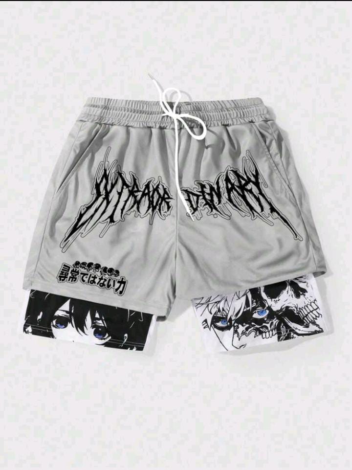 ROMWE Anime Men 2 In 1 Cartoon Print Breathable Basketball Shorts Suitable For Daily Wear In Spring And Summer