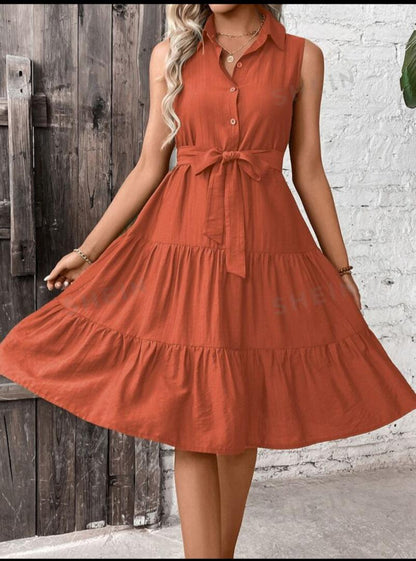 VCAY Ruffle Hem Belted Shirt Dress