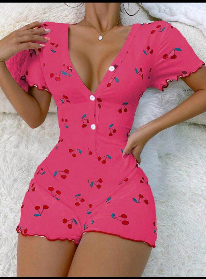 Cherry Print Lettuce Trim Button Front Sleep Romper