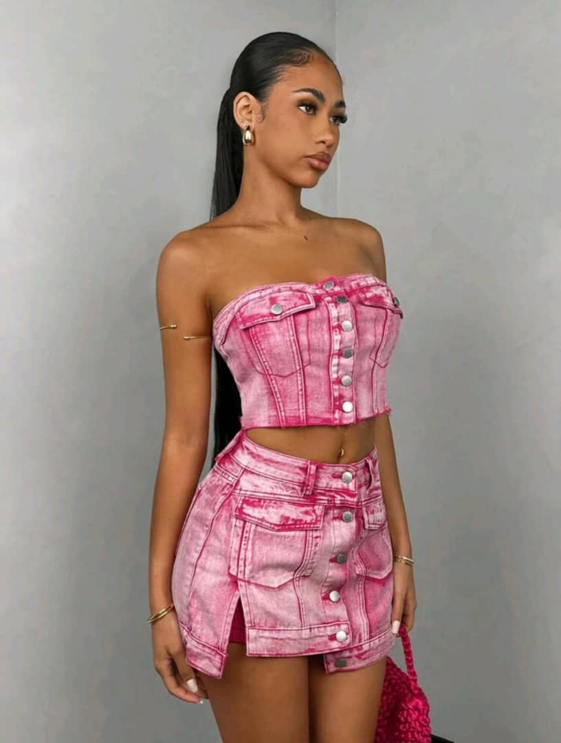 BAE Pink Flap Pocket Button Front Tube Denim Top&Summer Outfits&Rave Festival Outfits&Women Tops&Corset Top&Tank Top&Country Concert Outfit&Tube Top&Summer Crop Top