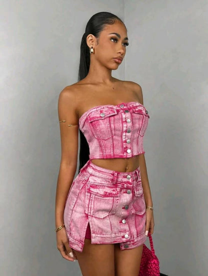 BAE Pink Flap Pocket Button Front Tube Denim Top&Summer Outfits&Rave Festival Outfits&Women Tops&Corset Top&Tank Top&Country Concert Outfit&Tube Top&Summer Crop Top