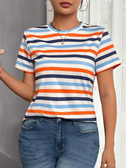 Frenchy Striped Print Round Neck Tee