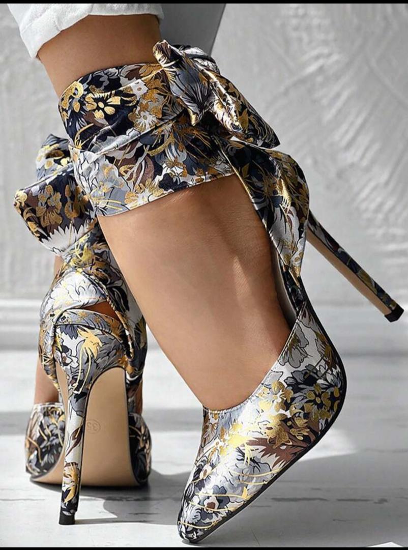 Floral Print Satin Ribbon Tie High Heels, Fashionable Pointed Toe Bow Element Lace Up Thin High Heel Sandals, Party Formal Dress Shoes, Wedding Ceremony Shoes