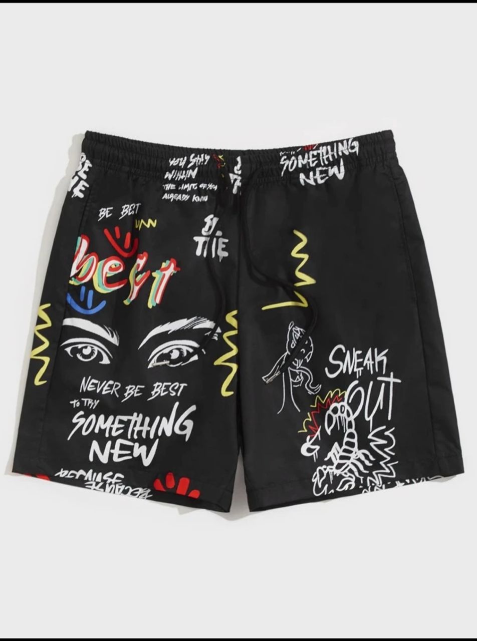 Manfinity EMRG Loose Fit Men's Slogan & Figure Graphic Print Drawstring Waist Shorts