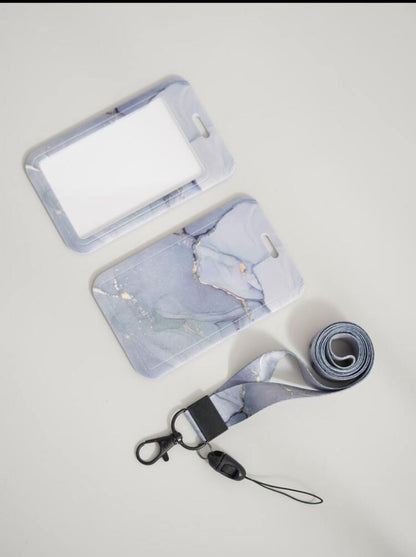 1pc Marble Pattern Card Cover With Lanyard