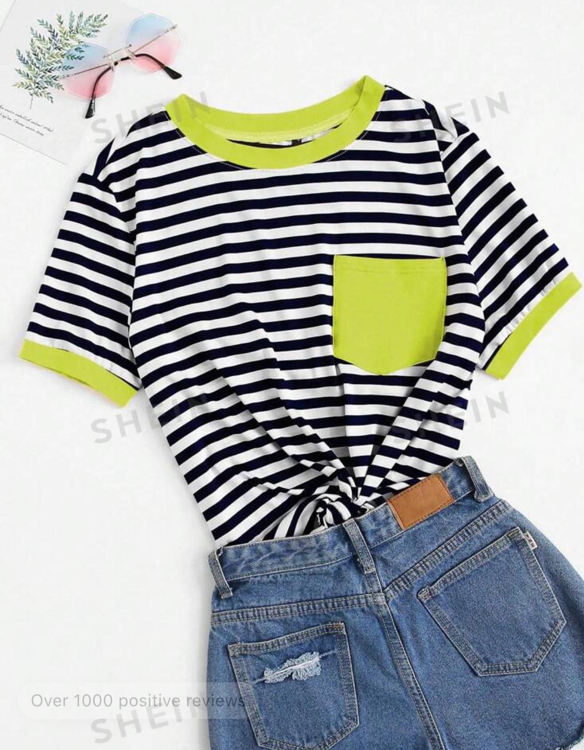 Neon Green Pocket Patched Striped Ringer Tee