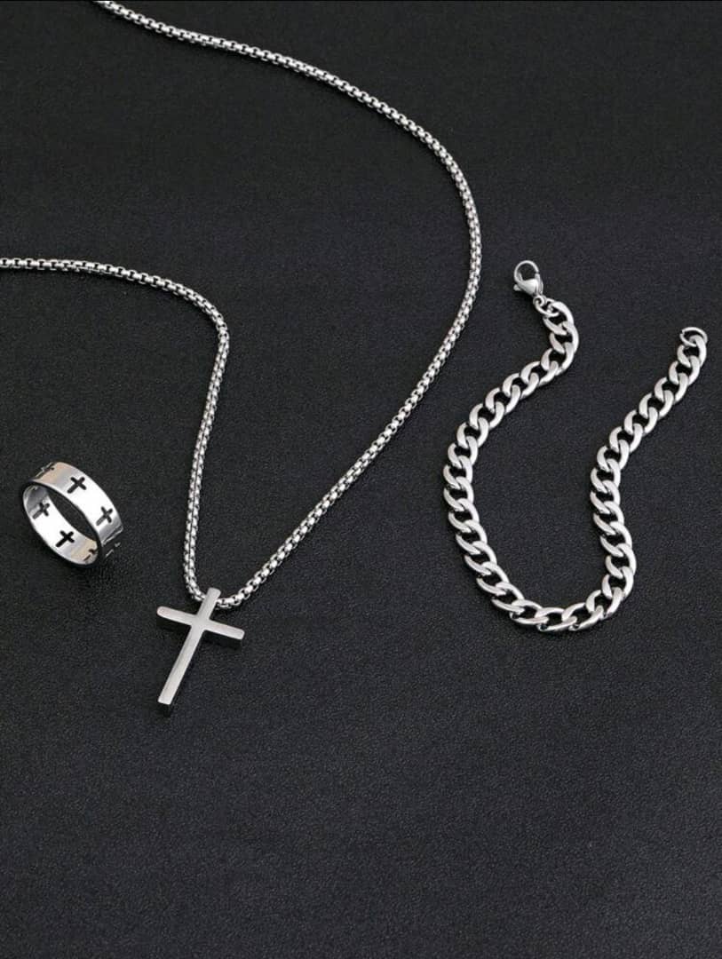 3Pcs Men'S Silver Jewelry Three-Piece Set, Cross Necklace, Bracelet, Cross Ring, Suitable For Daily Decoration Wear Stainless Steel Jewelry