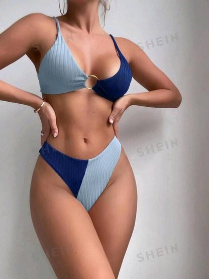 Swim Summer Beach Two-Tone Textured Circular Cutout Design Two-Piece Swim-Suit