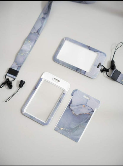 1pc Marble Pattern Card Cover With Lanyard