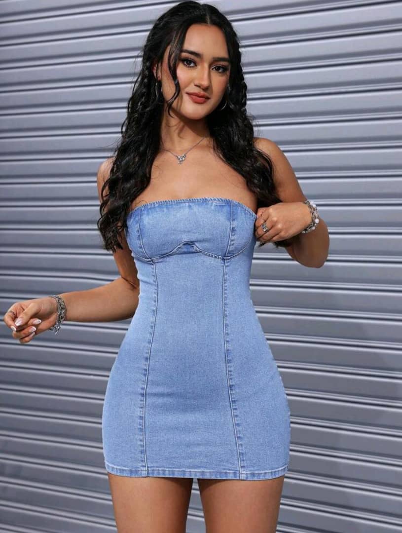 EZwear Summer Solid Color Strapless Denim dress