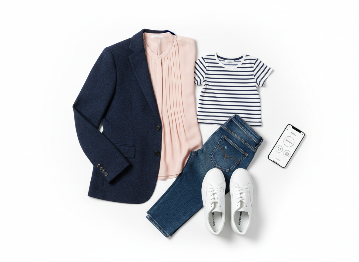 A meticulously organized fashion flat lay on a clean white background, featuring a curated mix of men’s, women’s, and kids’ clothing for a national online fashion store. A tailored navy blazer in textured wool, a soft blush silk blouse, dark denim jeans, a tiny striped kid’s T-shirt, and sleek unisex white sneakers are arranged near a modern smartphone showing a minimalist shopping app screen with wishlist and coupon icons, no readable text. Soft studio lighting from above creates gentle, even highlights and faint shadows, emphasizing fabrics and colors. Shot from a perfectly overhead, bird’s-eye view with sharp focus throughout, the photographic realism feels professional, modern, and mobile-first, ideal for a hero banner on Mydeal.