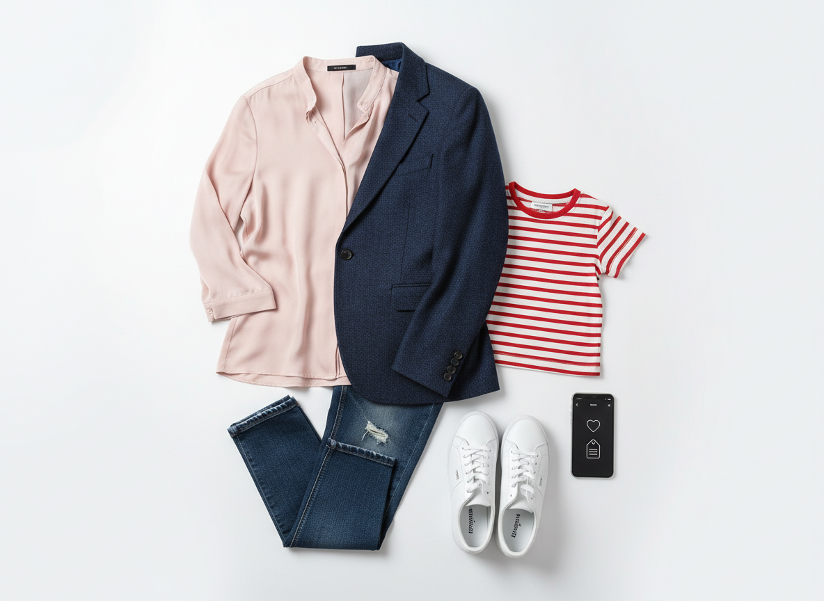 A meticulously organized fashion flat lay on a clean white background, featuring a curated mix of men’s, women’s, and kids’ clothing for a national online fashion store. A tailored navy blazer in textured wool, a soft blush silk blouse, dark denim jeans, a tiny striped kid’s T-shirt, and sleek unisex white sneakers are arranged near a modern smartphone showing a minimalist shopping app screen with wishlist and coupon icons, no readable text. Soft studio lighting from above creates gentle, even highlights and faint shadows, emphasizing fabrics and colors. Shot from a perfectly overhead, bird’s-eye view with sharp focus throughout, the photographic realism feels professional, modern, and mobile-first, ideal for a hero banner on Mydeal.