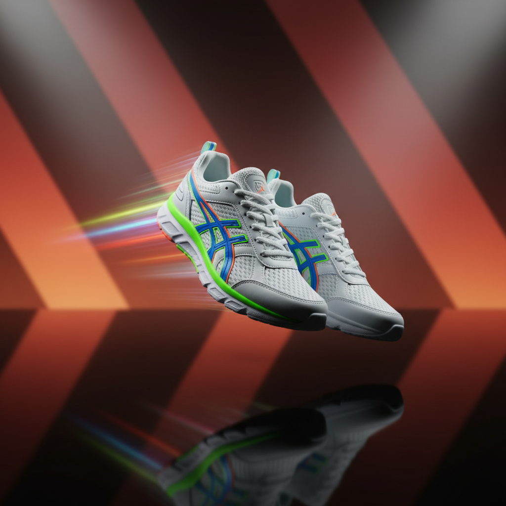 A dramatic, professional product shot of a pair of limited-time “flash sale” sneakers: ultra-clean white trainers with neon accent lines, suspended mid-air above a reflective black surface, with a motion blur streak behind them suggesting speed. Abstract geometric shapes in soft reds and oranges glow faintly in the background, evoking urgency and energy without any text or logos. Focused studio spotlights from both sides create crisp highlights and bold shadows, emphasizing contours and textures. Captured from a low, dynamic angle with a shallow depth of field, the sneakers are razor sharp against a softly blurred, dark backdrop. The photographic realism and high contrast convey a fast, exciting, limited-offer atmosphere perfect for a sale banner on Mydeal.