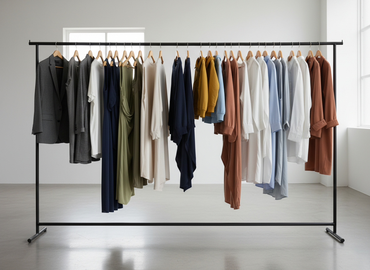 A long, modern clothing rail made of brushed matte black metal stands in a bright, spacious studio, filled with diverse garments on identical wooden hangers: structured blazers, flowing dresses, casual hoodies, children’s jackets, and neatly pressed shirts in a harmonious palette of neutrals, deep blues, and warm accents. Beneath the rail, polished concrete flooring subtly reflects the colors. Diffused daylight from large unseen windows washes the scene with soft, even light, creating a calm yet dynamic retail atmosphere. Captured at eye level with a slight angle along the rail, the perspective draws the viewer down the line of garments. The composition is clean and uncluttered, in crisp photographic realism, expressing a professional national fashion store identity.