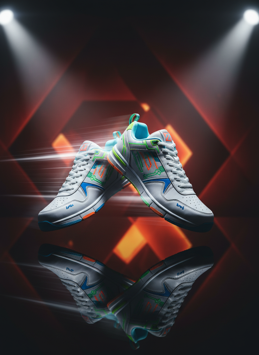 A dramatic, professional product shot of a pair of limited-time “flash sale” sneakers: ultra-clean white trainers with neon accent lines, suspended mid-air above a reflective black surface, with a motion blur streak behind them suggesting speed. Abstract geometric shapes in soft reds and oranges glow faintly in the background, evoking urgency and energy without any text or logos. Focused studio spotlights from both sides create crisp highlights and bold shadows, emphasizing contours and textures. Captured from a low, dynamic angle with a shallow depth of field, the sneakers are razor sharp against a softly blurred, dark backdrop. The photographic realism and high contrast convey a fast, exciting, limited-offer atmosphere perfect for a sale banner on Mydeal.