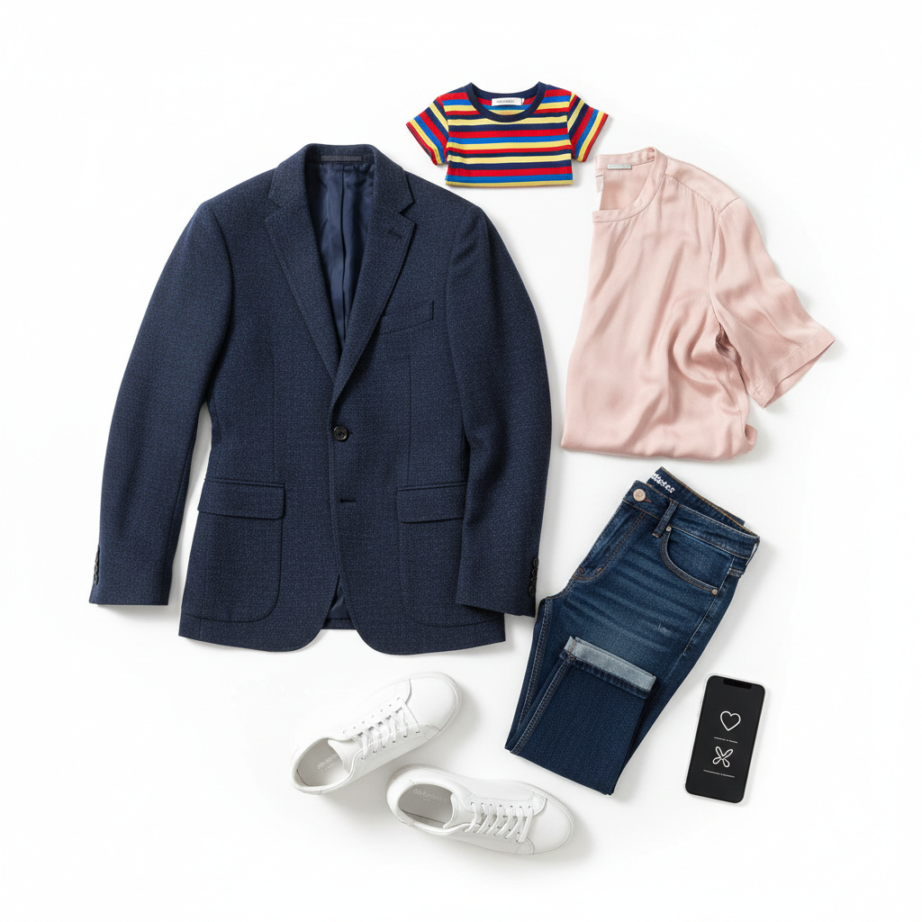A meticulously organized fashion flat lay on a clean white background, featuring a curated mix of men’s, women’s, and kids’ clothing for a national online fashion store. A tailored navy blazer in textured wool, a soft blush silk blouse, dark denim jeans, a tiny striped kid’s T-shirt, and sleek unisex white sneakers are arranged near a modern smartphone showing a minimalist shopping app screen with wishlist and coupon icons, no readable text. Soft studio lighting from above creates gentle, even highlights and faint shadows, emphasizing fabrics and colors. Shot from a perfectly overhead, bird’s-eye view with sharp focus throughout, the photographic realism feels professional, modern, and mobile-first, ideal for a hero banner on Mydeal.