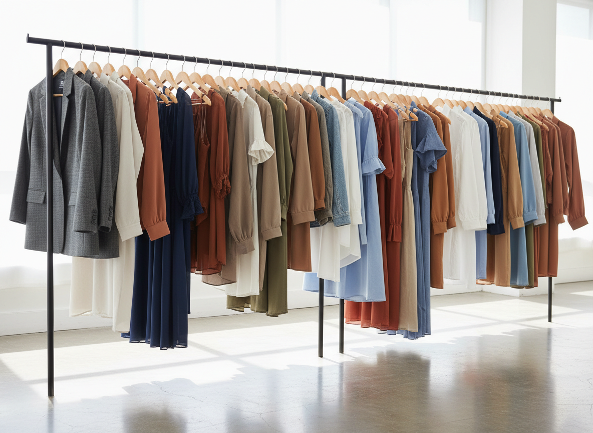 A long, modern clothing rail made of brushed matte black metal stands in a bright, spacious studio, filled with diverse garments on identical wooden hangers: structured blazers, flowing dresses, casual hoodies, children’s jackets, and neatly pressed shirts in a harmonious palette of neutrals, deep blues, and warm accents. Beneath the rail, polished concrete flooring subtly reflects the colors. Diffused daylight from large unseen windows washes the scene with soft, even light, creating a calm yet dynamic retail atmosphere. Captured at eye level with a slight angle along the rail, the perspective draws the viewer down the line of garments. The composition is clean and uncluttered, in crisp photographic realism, expressing a professional national fashion store identity.