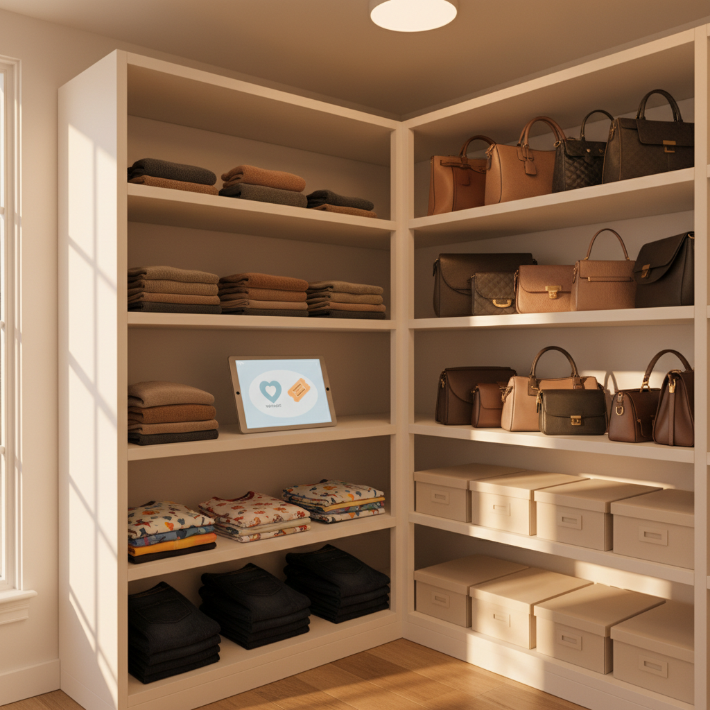A cozy, well-lit wardrobe corner designed for a national fashion shopper: open white shelving with neatly folded sweaters, kids’ T-shirts, and jeans in stacked piles, alongside compartments holding handbags and shoeboxes. On top of a central shelf, a sleek tablet lies flat displaying an abstracted shopping interface with wishlist and coupon icons implied through simple shapes, no text. Warm, diffused lighting from a nearby unseen window and a subtle ceiling light create a soft, inviting glow with gentle shadows in corners. Shot at a slightly elevated, three-quarter angle, the composition balances foreground detail with a subtly blurred background of neutral walls. The photographic, clean, and organized aesthetic projects a professional yet welcoming fashion-store feel.