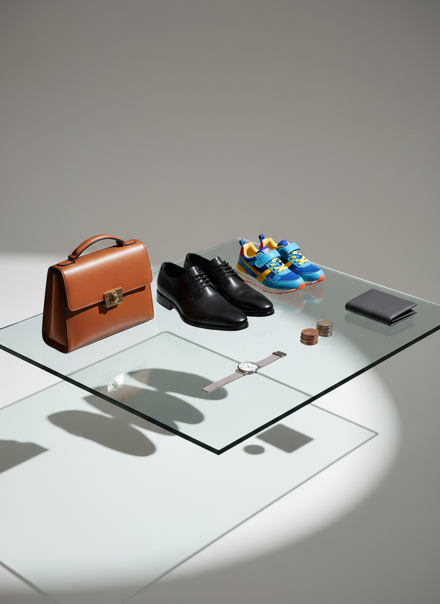 A sleek glass-topped table in a minimalist studio setting displays a small curated collection of fashion accessories: a structured leather handbag in rich tan, a pair of polished black dress shoes, colorful kids’ sneakers, a delicate silver watch, and a slim bifold wallet, all arranged with precise spacing. Nearby, two subtle coin stacks in HTG and DOP hint at multi-currency shopping without showing any text. Soft, directional studio lighting from the right creates refined highlights on leather grains and metallic surfaces, with gentle shadows adding depth. Shot from a slightly elevated angle with shallow depth of field that softly blurs the neutral background, the photographic image feels premium, professional, and tailored for an online fashion business.