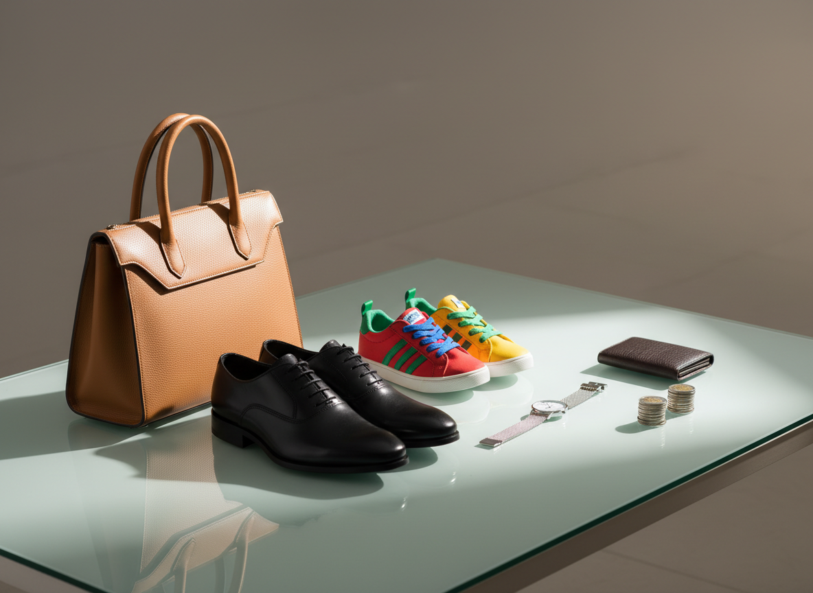 A sleek glass-topped table in a minimalist studio setting displays a small curated collection of fashion accessories: a structured leather handbag in rich tan, a pair of polished black dress shoes, colorful kids’ sneakers, a delicate silver watch, and a slim bifold wallet, all arranged with precise spacing. Nearby, two subtle coin stacks in HTG and DOP hint at multi-currency shopping without showing any text. Soft, directional studio lighting from the right creates refined highlights on leather grains and metallic surfaces, with gentle shadows adding depth. Shot from a slightly elevated angle with shallow depth of field that softly blurs the neutral background, the photographic image feels premium, professional, and tailored for an online fashion business.