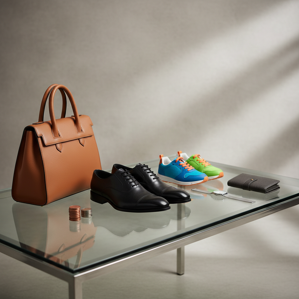 A sleek glass-topped table in a minimalist studio setting displays a small curated collection of fashion accessories: a structured leather handbag in rich tan, a pair of polished black dress shoes, colorful kids’ sneakers, a delicate silver watch, and a slim bifold wallet, all arranged with precise spacing. Nearby, two subtle coin stacks in HTG and DOP hint at multi-currency shopping without showing any text. Soft, directional studio lighting from the right creates refined highlights on leather grains and metallic surfaces, with gentle shadows adding depth. Shot from a slightly elevated angle with shallow depth of field that softly blurs the neutral background, the photographic image feels premium, professional, and tailored for an online fashion business.