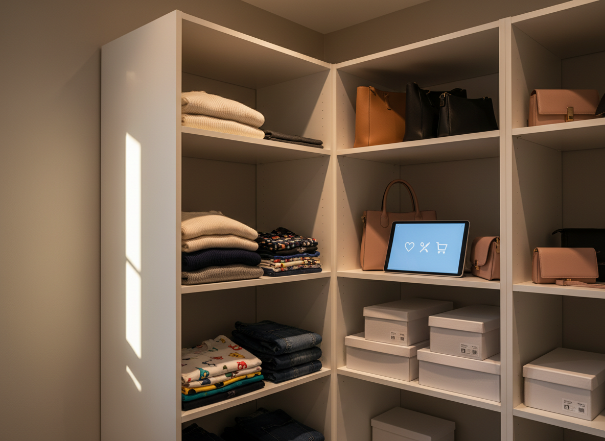 A cozy, well-lit wardrobe corner designed for a national fashion shopper: open white shelving with neatly folded sweaters, kids’ T-shirts, and jeans in stacked piles, alongside compartments holding handbags and shoeboxes. On top of a central shelf, a sleek tablet lies flat displaying an abstracted shopping interface with wishlist and coupon icons implied through simple shapes, no text. Warm, diffused lighting from a nearby unseen window and a subtle ceiling light create a soft, inviting glow with gentle shadows in corners. Shot at a slightly elevated, three-quarter angle, the composition balances foreground detail with a subtly blurred background of neutral walls. The photographic, clean, and organized aesthetic projects a professional yet welcoming fashion-store feel.