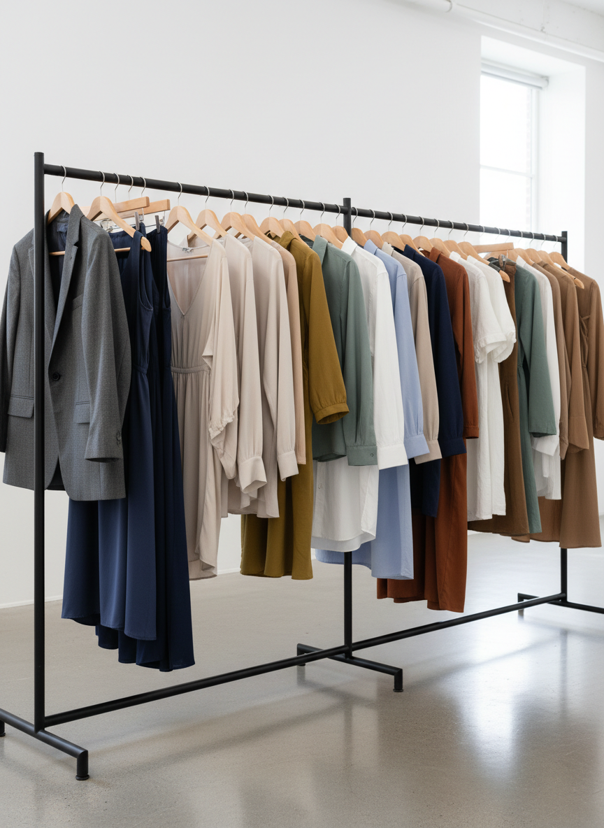 A long, modern clothing rail made of brushed matte black metal stands in a bright, spacious studio, filled with diverse garments on identical wooden hangers: structured blazers, flowing dresses, casual hoodies, children’s jackets, and neatly pressed shirts in a harmonious palette of neutrals, deep blues, and warm accents. Beneath the rail, polished concrete flooring subtly reflects the colors. Diffused daylight from large unseen windows washes the scene with soft, even light, creating a calm yet dynamic retail atmosphere. Captured at eye level with a slight angle along the rail, the perspective draws the viewer down the line of garments. The composition is clean and uncluttered, in crisp photographic realism, expressing a professional national fashion store identity.