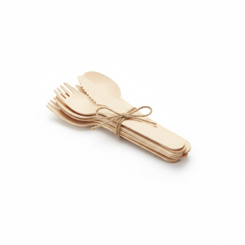 Professional product photography of a compostable wooden cutlery set - forks, knives, spoons bundled, clean white background, studio lighting, e-commerce style.