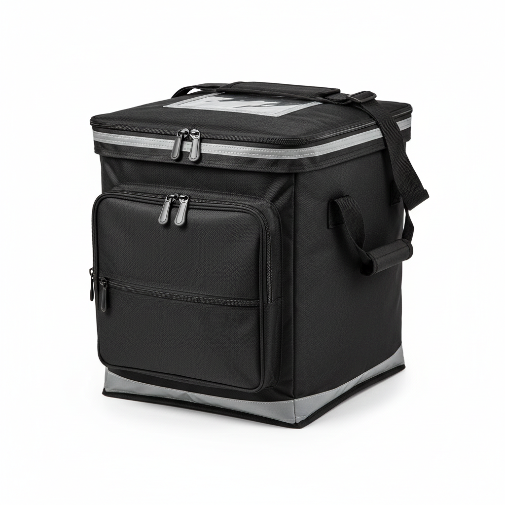 Professional product photography of a large black insulated food delivery bag, clean white background, studio lighting, e-commerce style.