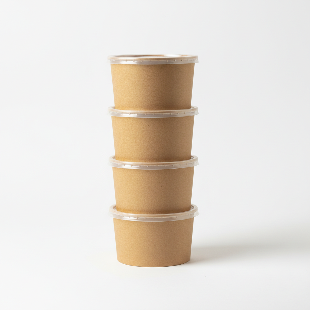 Professional product photography of a stack of 32oz kraft paper food containers with lids, clean white background, well-lit studio shot, e-commerce style.