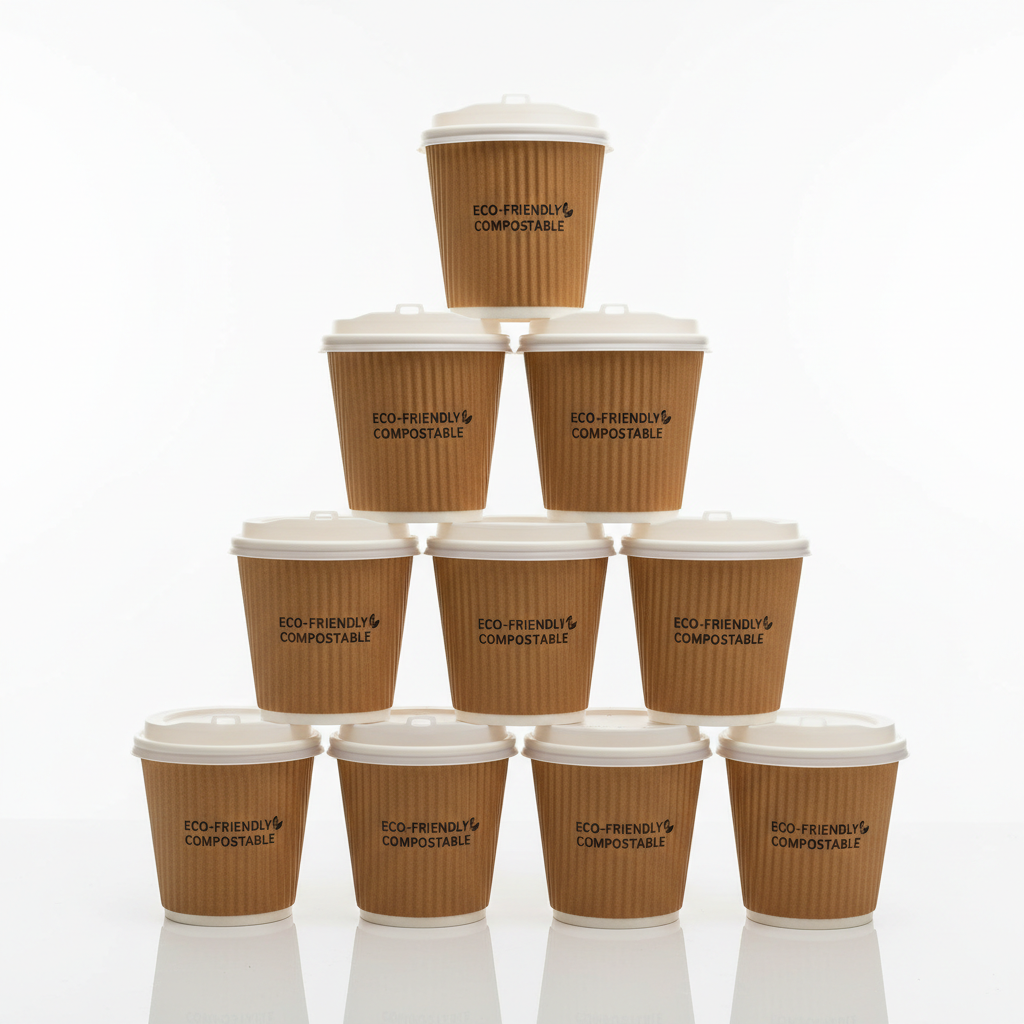 Professional product photography of 16oz double-wall kraft paper hot coffee cups with lids stacked, clean white background, studio lighting, e-commerce style.