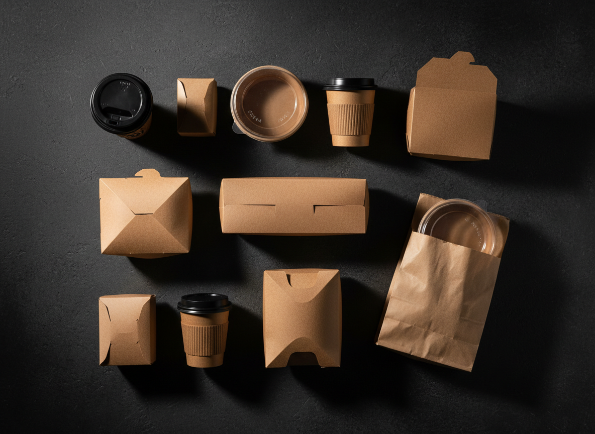 Cinematic dark moody flat-lay of restaurant takeaway packaging: brown kraft paper food containers, disposable coffee cups with lids, takeaway boxes, and paper delivery bags arranged on a dark charcoal surface with dramatic side lighting.
